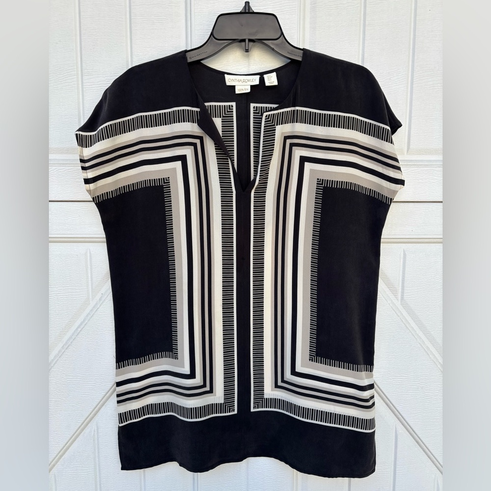Cynthia Rowley 100% Silk Geometric Print Tunic Top Black Cream Size S
